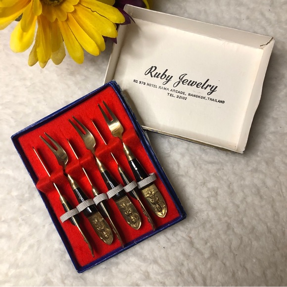 Vintage Ruby Jewelry, Siam Solid Bronze Fork & Knife Cocktail Flatware Set Of 6 - Picture 11 of 11